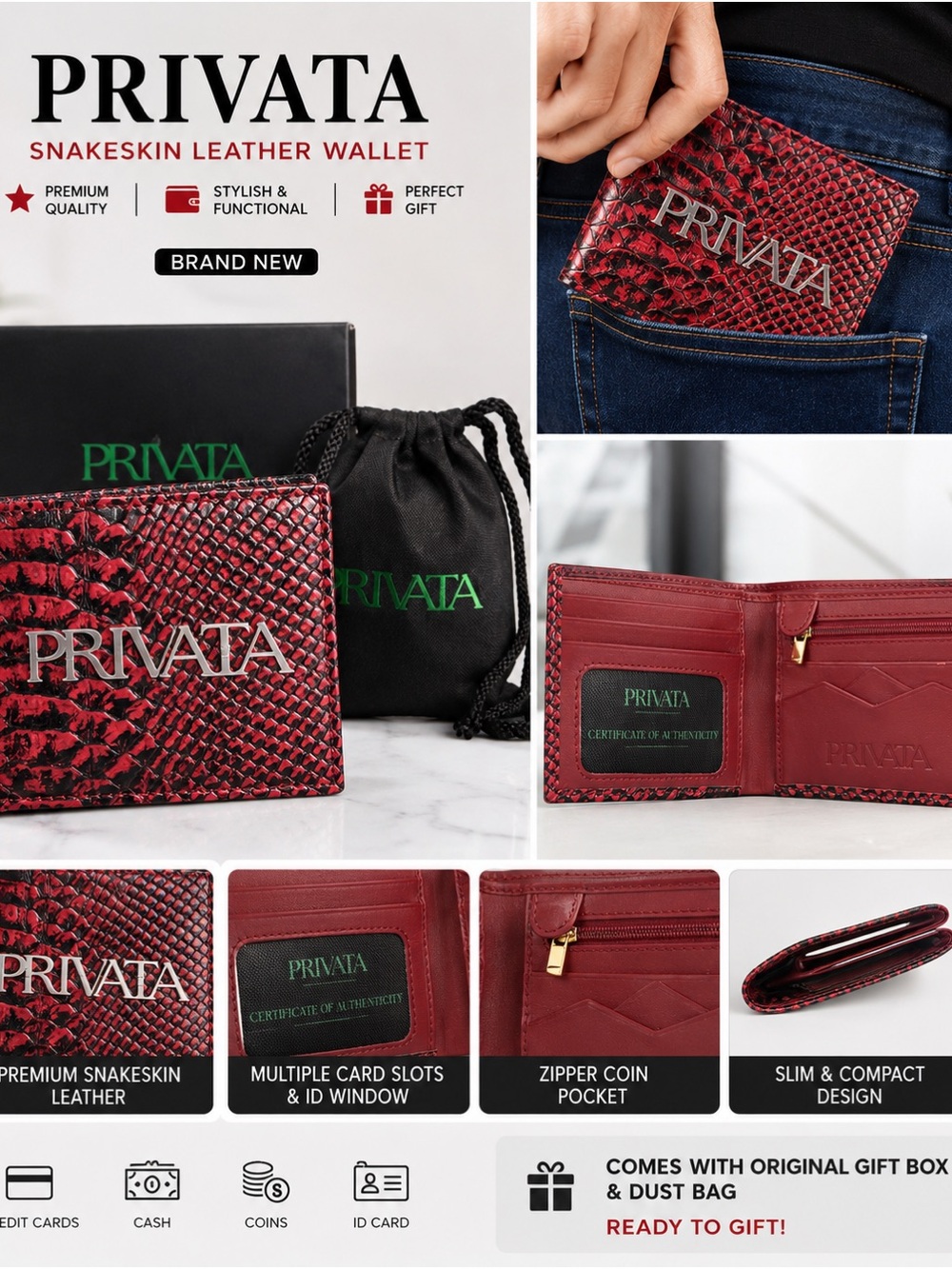 Men’s Red Snakeskin Leather Bi-Fold Wallet